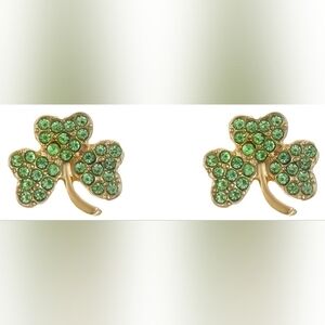 Green Rhinstone Gold Tone Clover Earrings Hyper-Allergenic